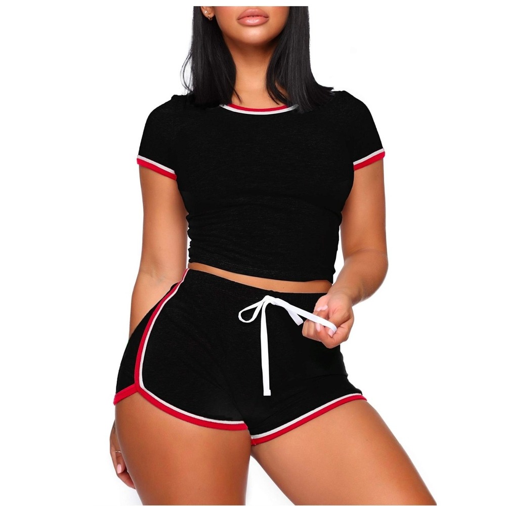 Shorts Set‎ Women Small Black New 2 Piece Crop Top Sporty Contrast Trim